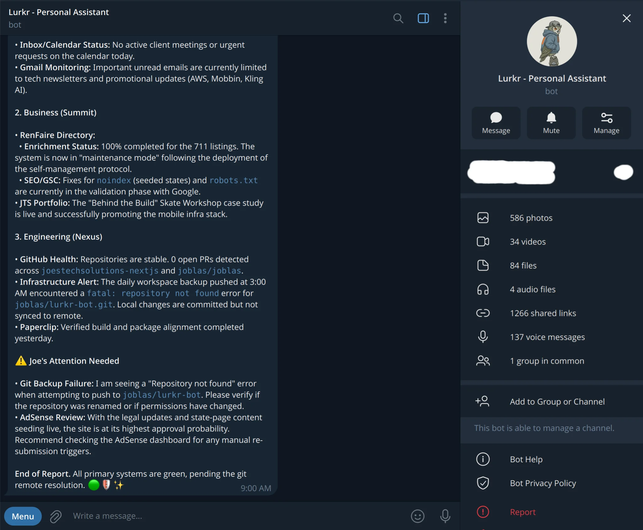 Telegram standup messages from 4 AI directors at 9AM Pacific