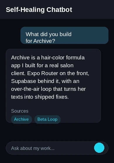 Text mode: response with source badges, microphone button to switch to voice